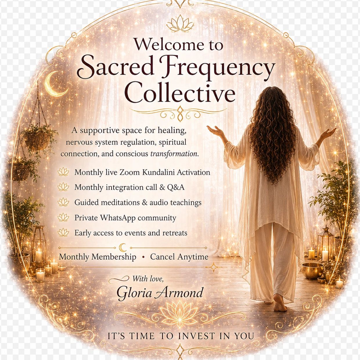 Woman welcomes to Sacred Frequency Collective, a spiritual healing community with live sessions and guided meditations.
