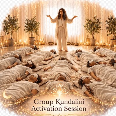 Group kundalini activation session with participants lying down and a leader standing.