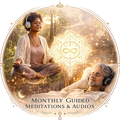 Two people enjoying guided meditation with headphones in a serene outdoor setting.