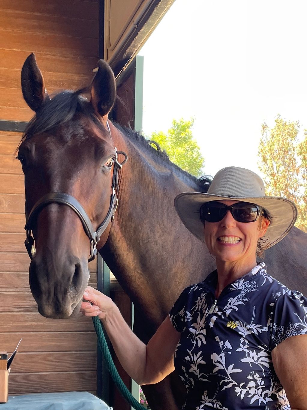 Smiling woman in hat posing with a brown horse in a stable.