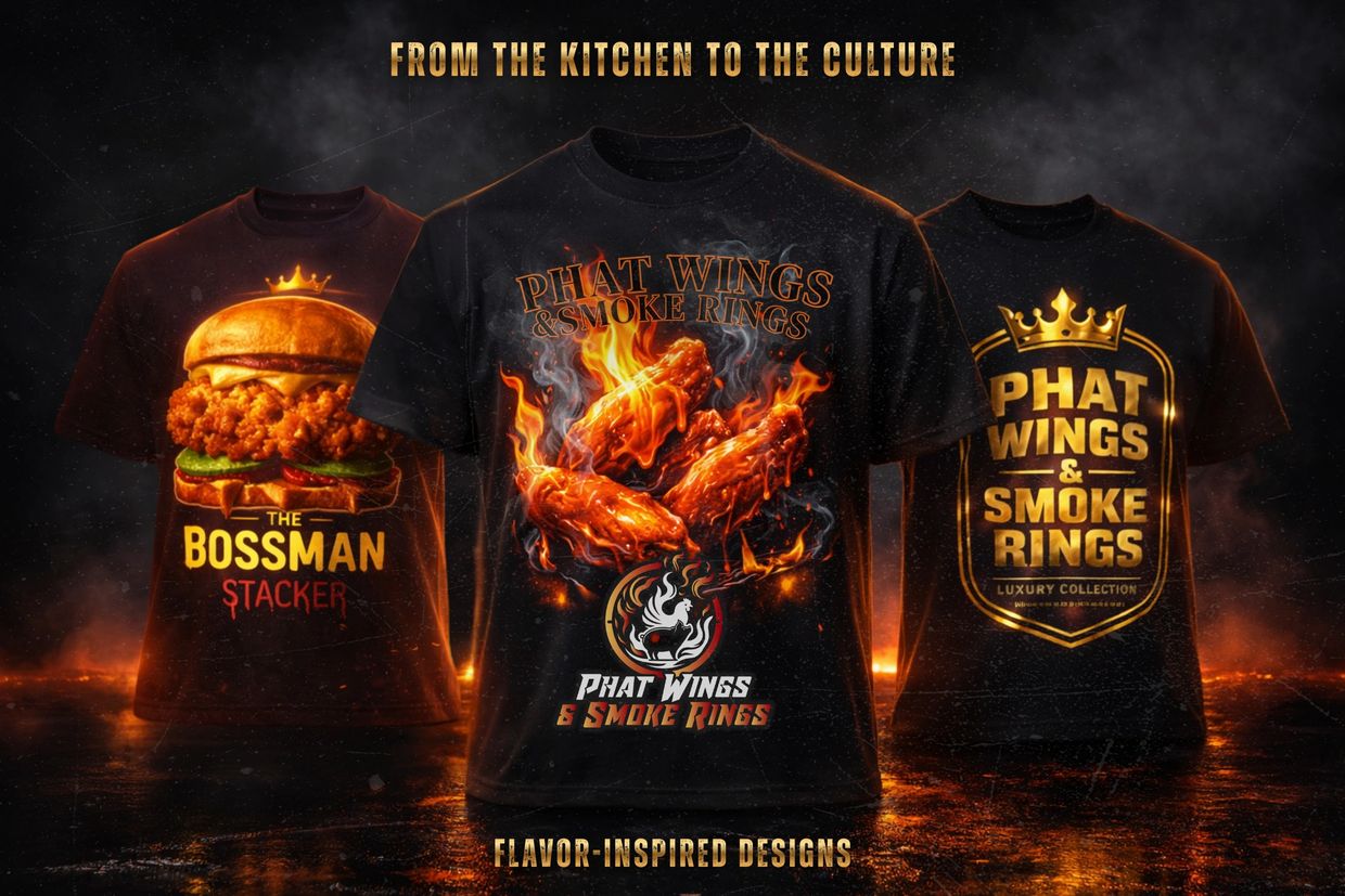 Three black T-shirts featuring bold, fiery food-themed designs and slogans.