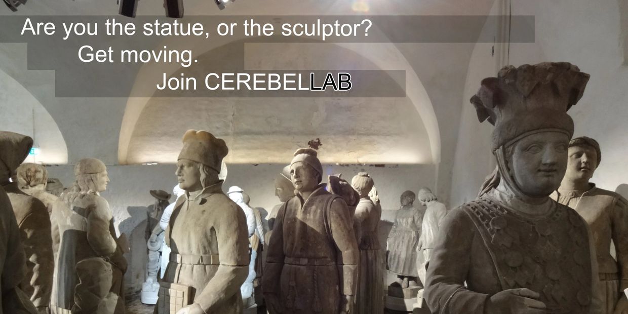Picture of a Danish Lapidarium exhibit. Overlay "Are you the statue, or the sculptor? Get moving..."