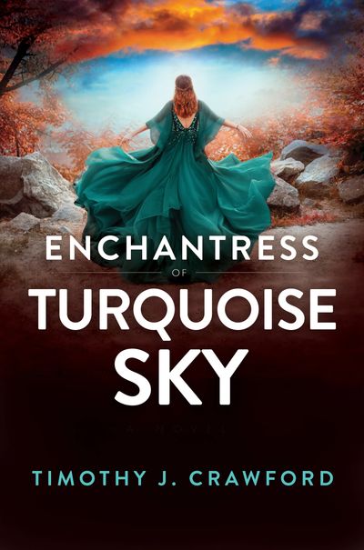 Enchantress of Turquoise Sky book cover - woman in flowing turquoise dress within a sunset landscape