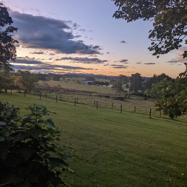 Countryside landscape at sunset with fields and trees.