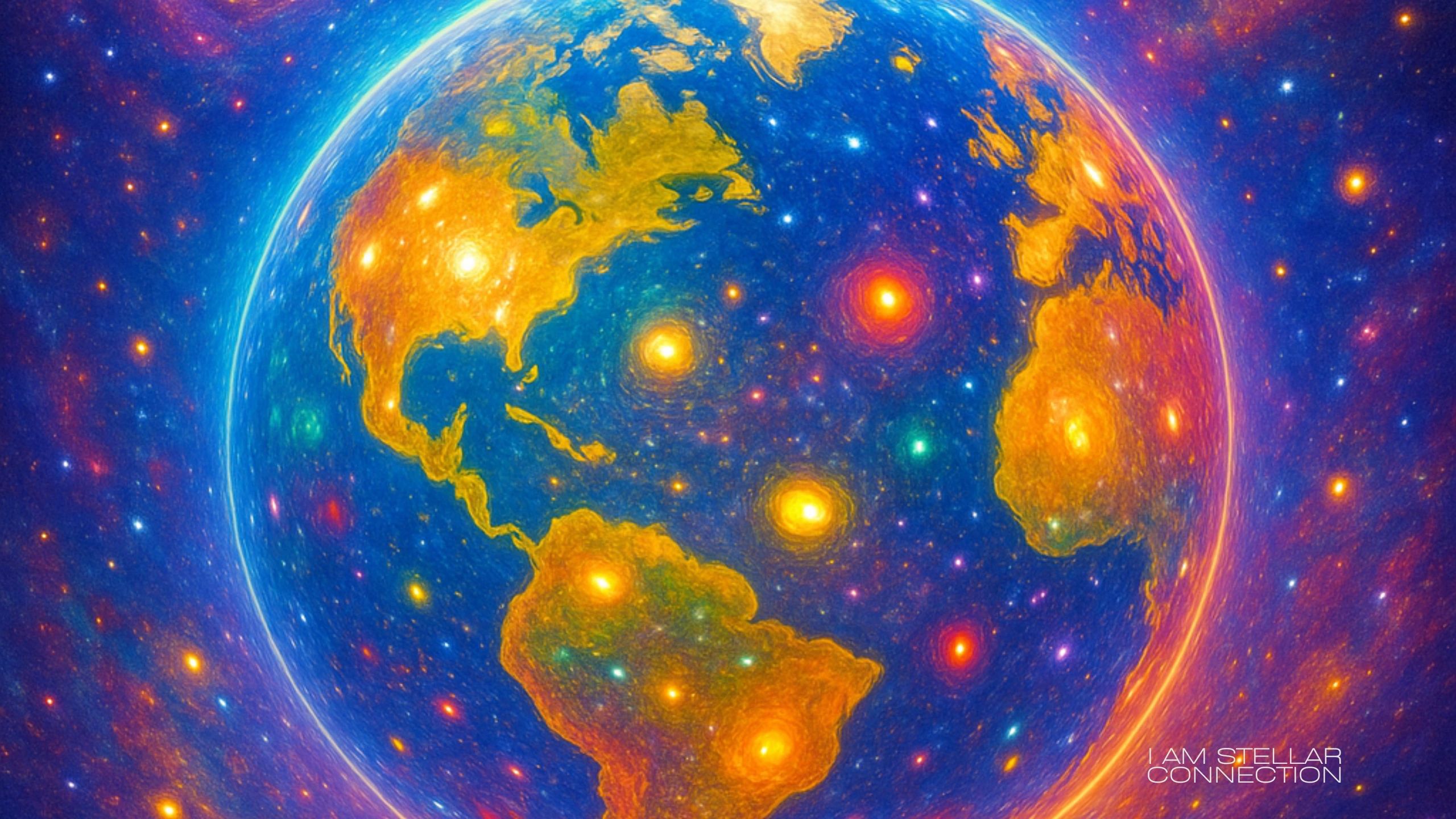 Glowing Earth in a vibrant cosmic space.