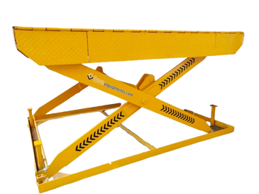 Yellow hydraulic scissor lift platform isolated on white.
