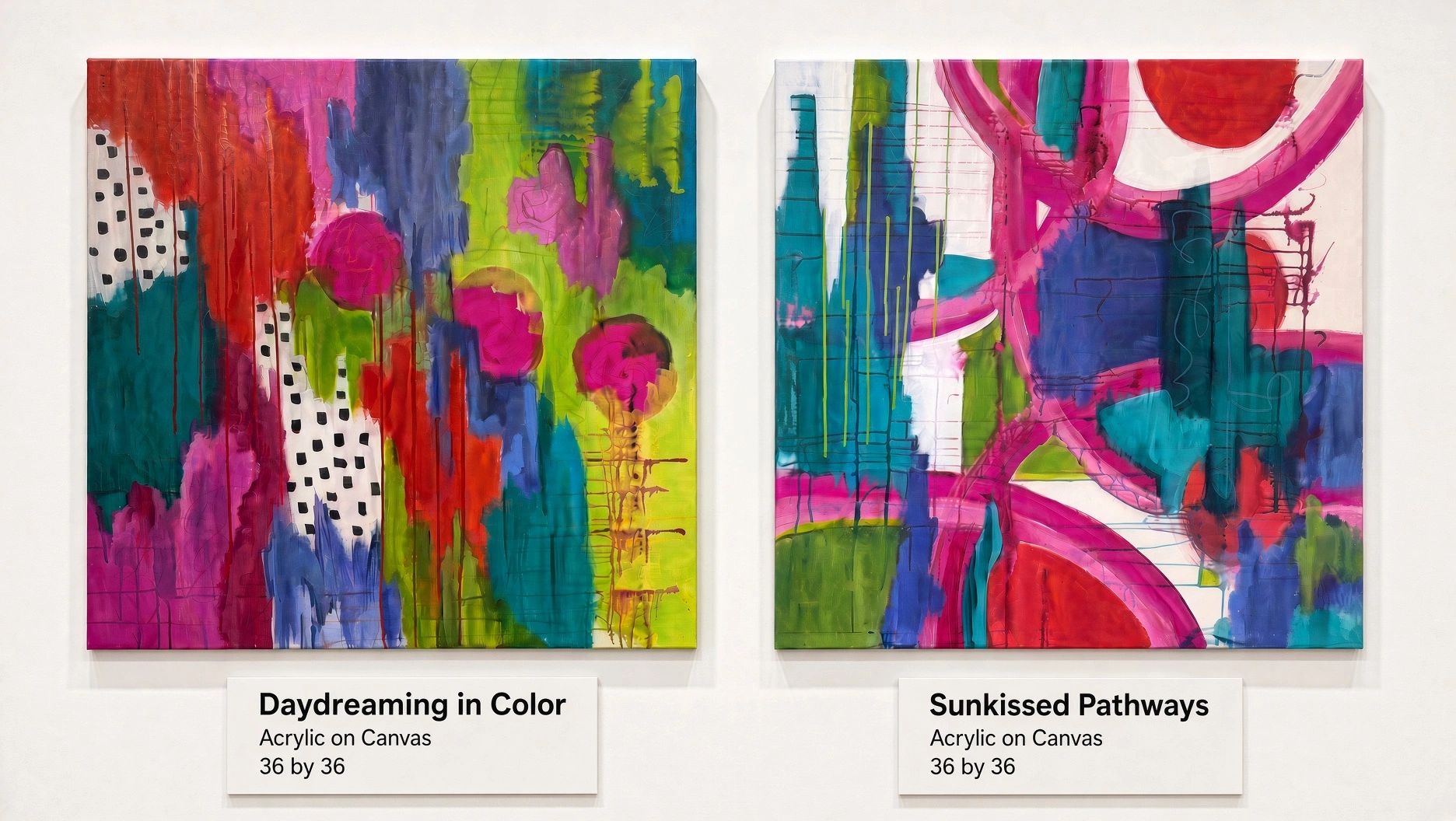 Two vibrant abstract paintings titled 'Daydreaming in Color' and 'Sunkissed Pathways'.