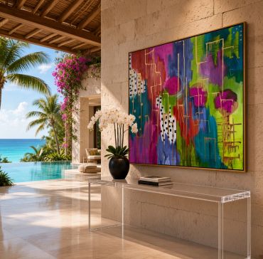 Bright, colorful abstract painting in luxury home with ocean view.
