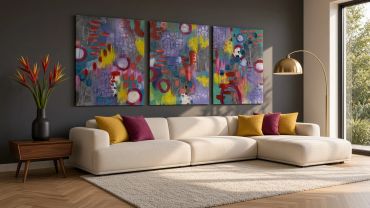 Modern living room with abstract wall art and a cozy white sectional sofa.