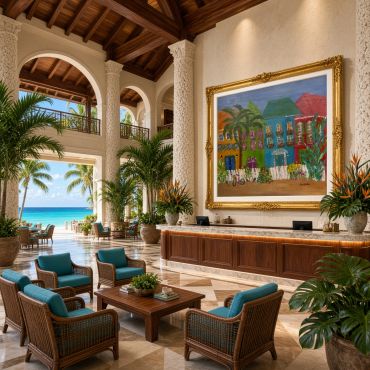 Luxurious tropical resort lobby with ocean view.