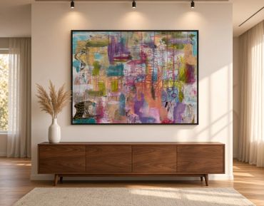 Abstract colorful painting above a wooden cabinet in a modern living room.