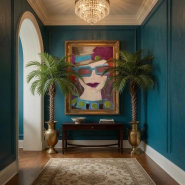 Elegant hallway with teal walls, palm plants, and colorful portrait.