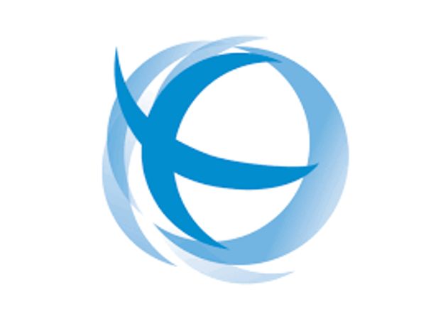 Abstract blue logo with dynamic circular swirl and cross shape.