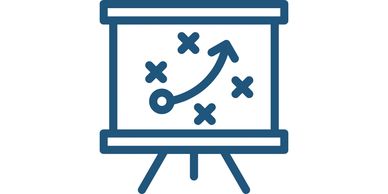 Strategy plan diagram on a presentation board with arrows and markers.