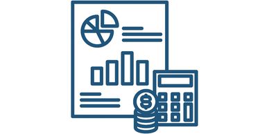 Financial report with calculator and coins icon.