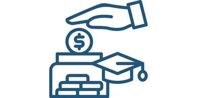 Hand placing a coin into a jar with a graduation cap, symbolizing education savings.