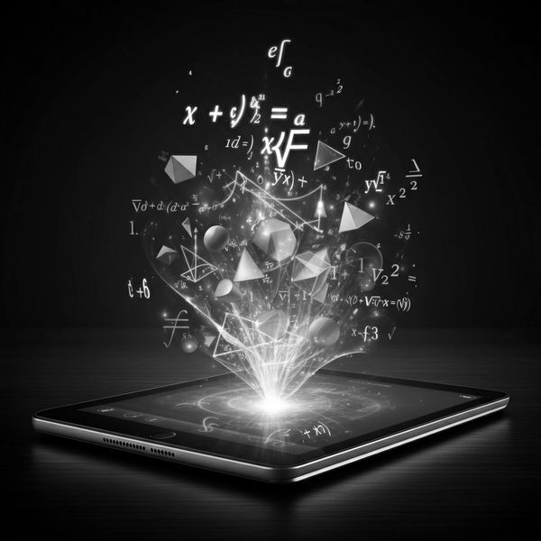 Mathematical formulas and geometric shapes emerging from a tablet.