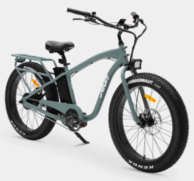 Modern electric bike with fat tires and rear rack in matte gray.