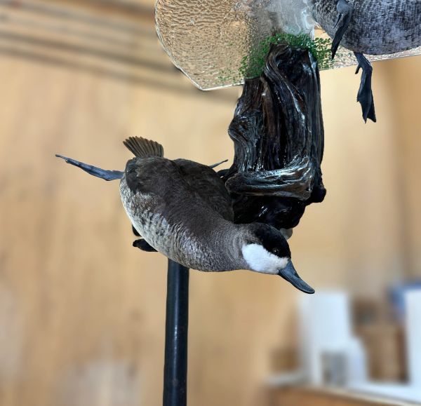 A detailed bird sculpture mounted on a stand indoors.