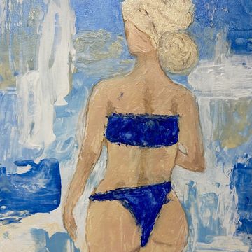 Rear view of a voluptious blonde woman wearing a blue bikini, abstract blue & white background