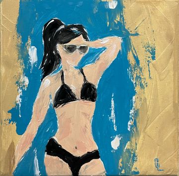 Black bikini, black sunglasses, black ponytail, blue and gold abstract background. 