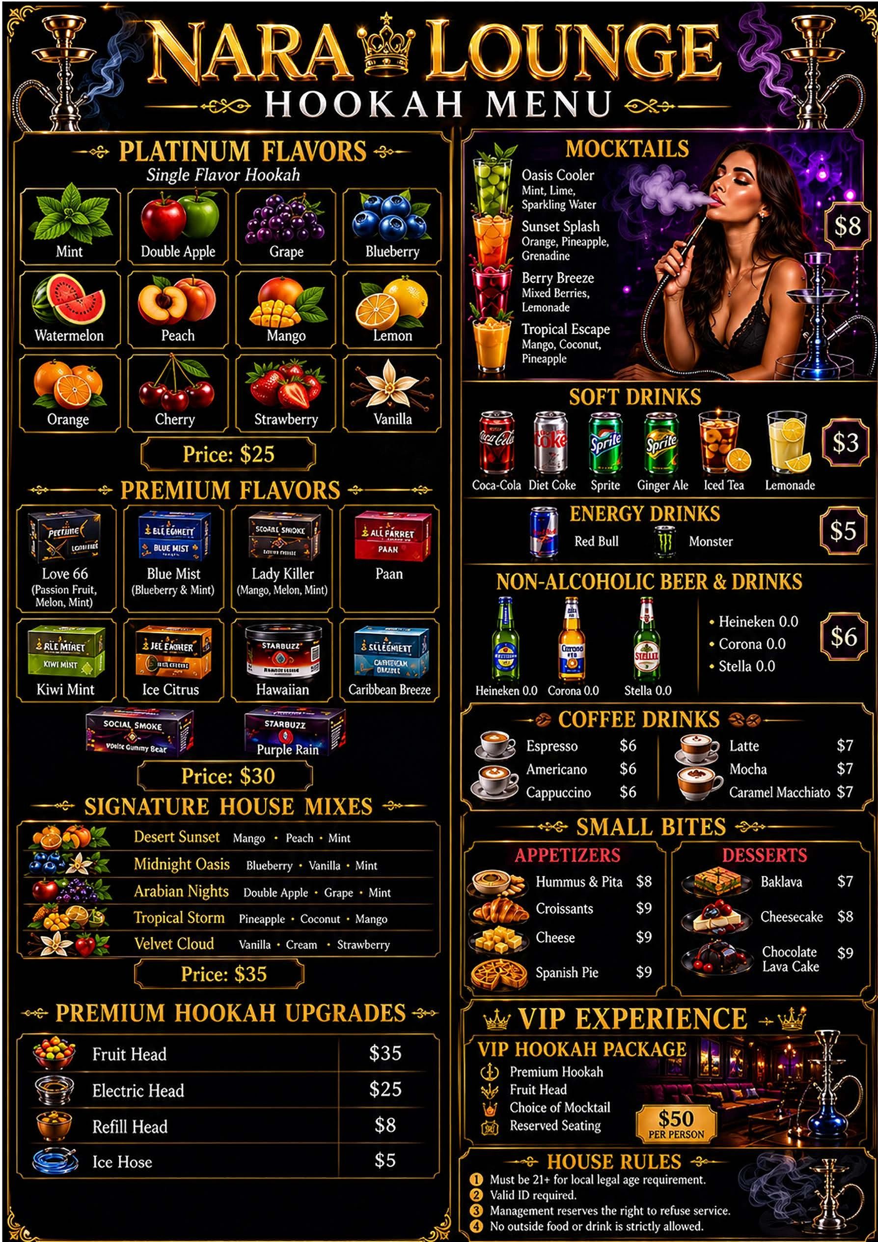 Nara Lounge hookah menu featuring flavors, drinks, small bites, and VIP experience.