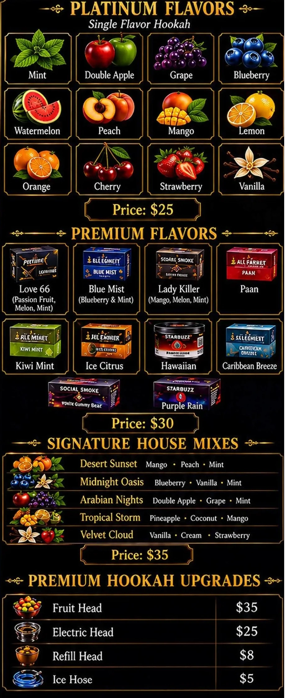 Hookah menu listing platinum, premium flavors, signature mixes, and upgrades.
