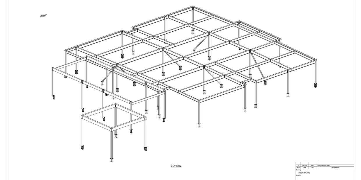 3D structural framework model of a medical clinic building.