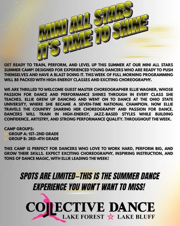 Flyer for Mini All Stars summer dance camp with Ellie Wagner.