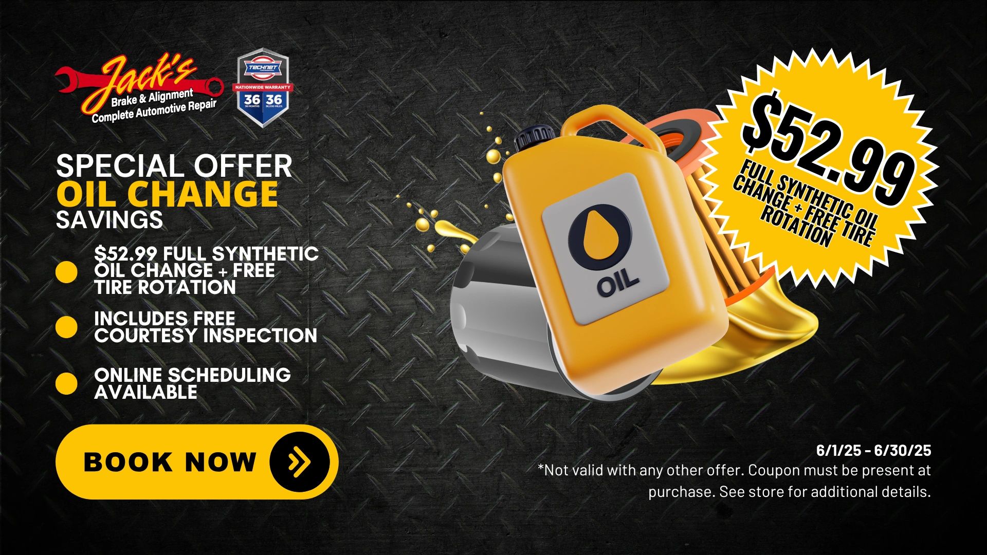 June Oil Change Special – $52.99 Full Synthetic + Free Tire Rotation & Courtesy Inspection.