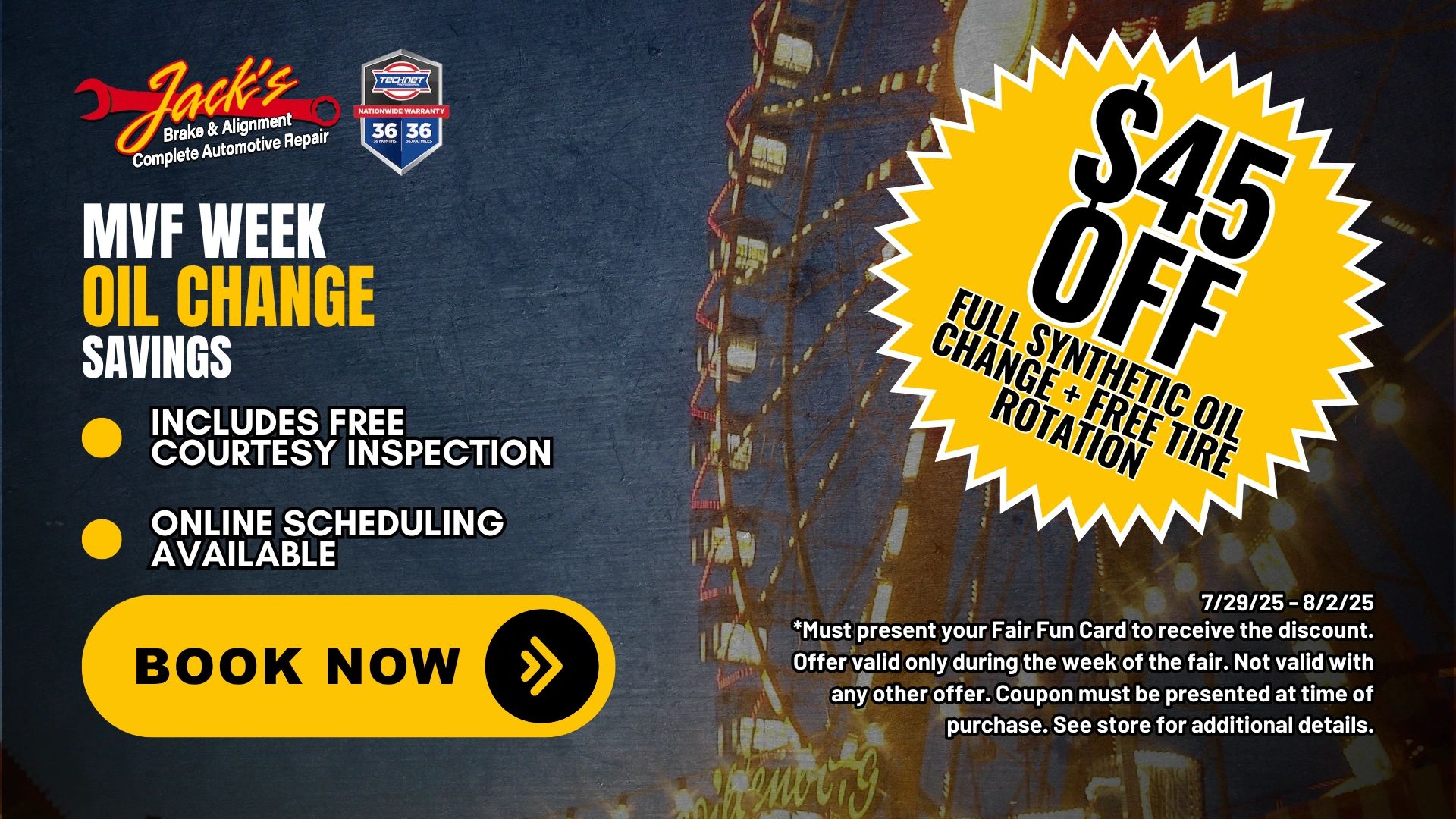 Jack's Brake oil change discount during Mississippi Valley Fair 2025 in Davenport, Iowa – ends 8/2