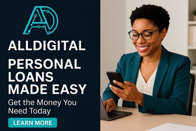  A professional woman smiling at her phone, highlighting fast and easy loan approval.
