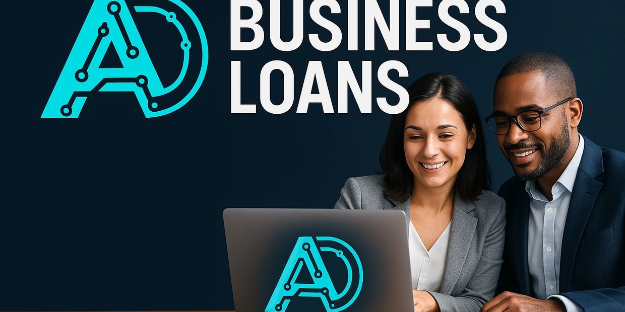 Two professionals reviewing finances with the glowing AD business-loan logo.