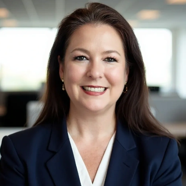 Professional woman smiling in office setting.