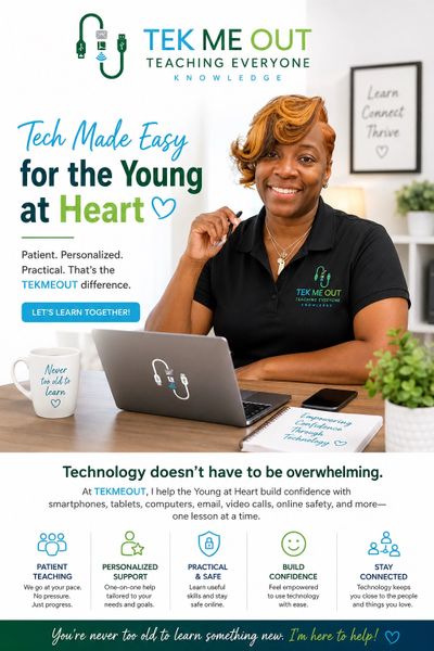 Smiling woman teaching technology to young at heart with personalized support.