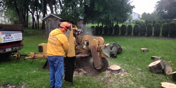 Big Earl using a stump grinding machine to remove a stump from a client's yard.