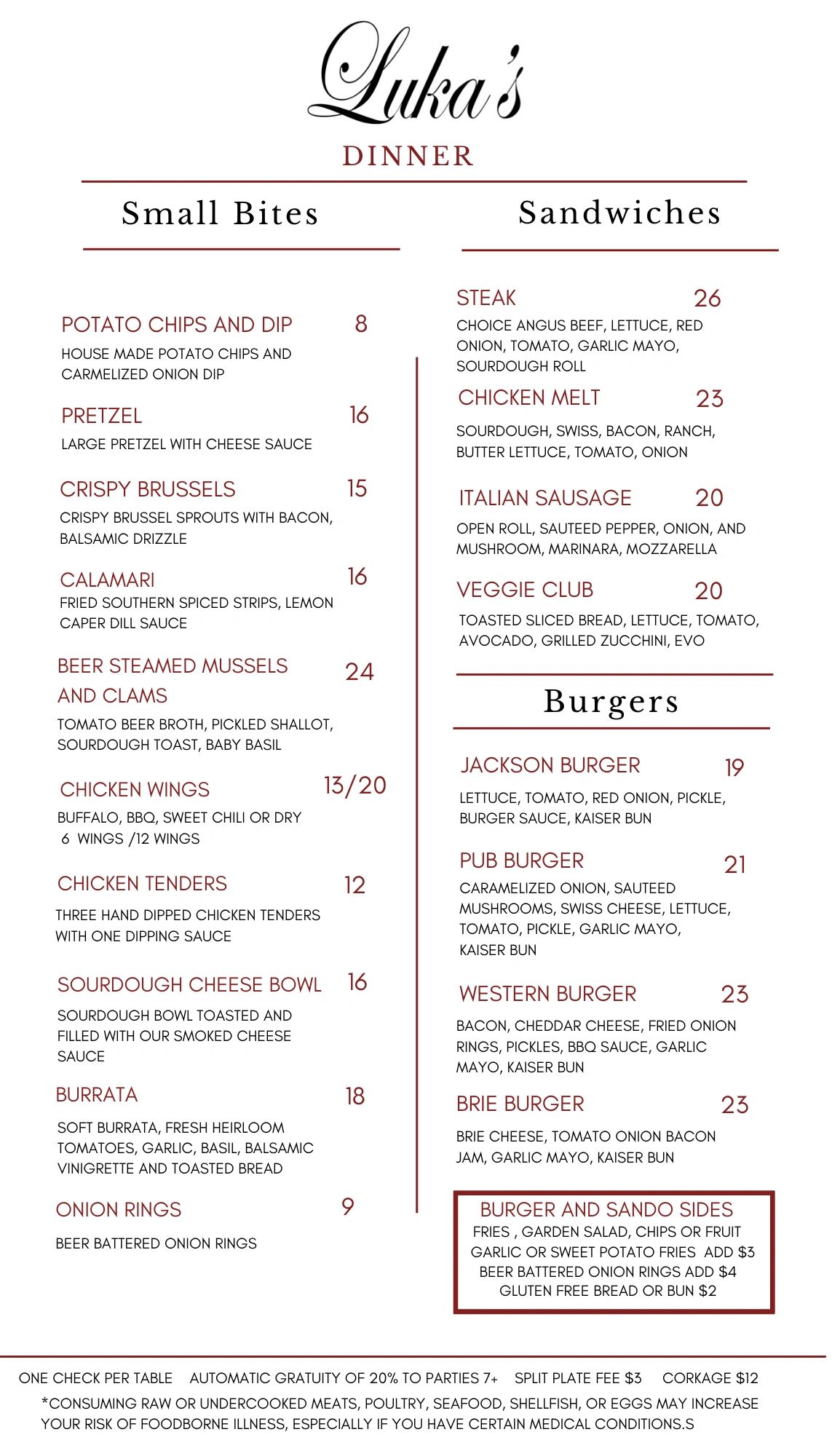 Luka's dinner menu featuring small bites, sandwiches, and burgers with detailed descriptions and prices.