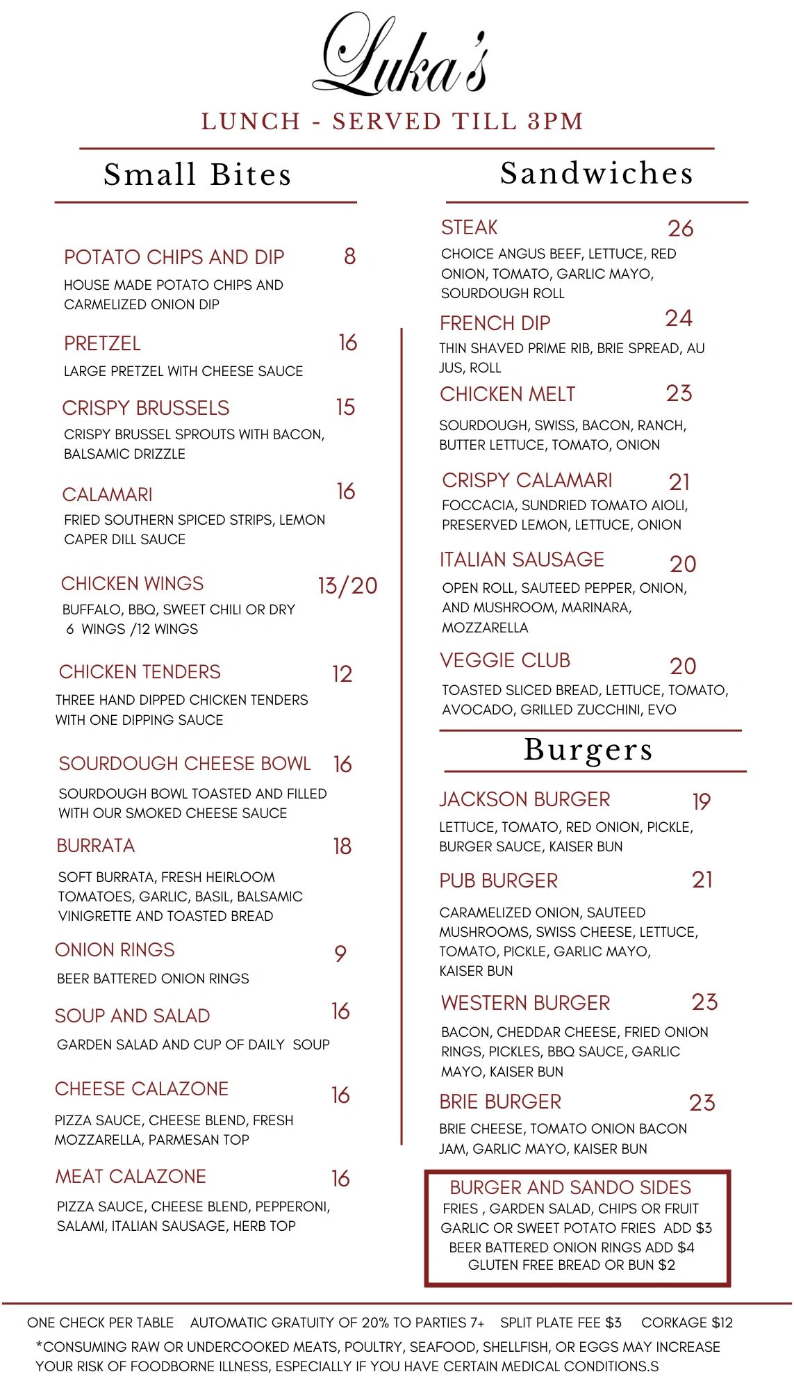 Lunch menu at Luka's featuring small bites, sandwiches, and burgers with detailed descriptions and prices.