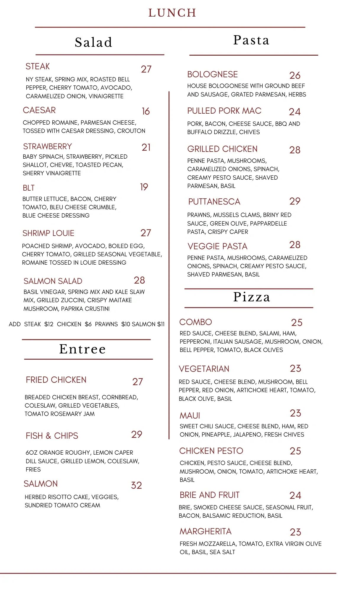 Lunch menu featuring salad, pasta, and pizza options with detailed ingredients and prices.