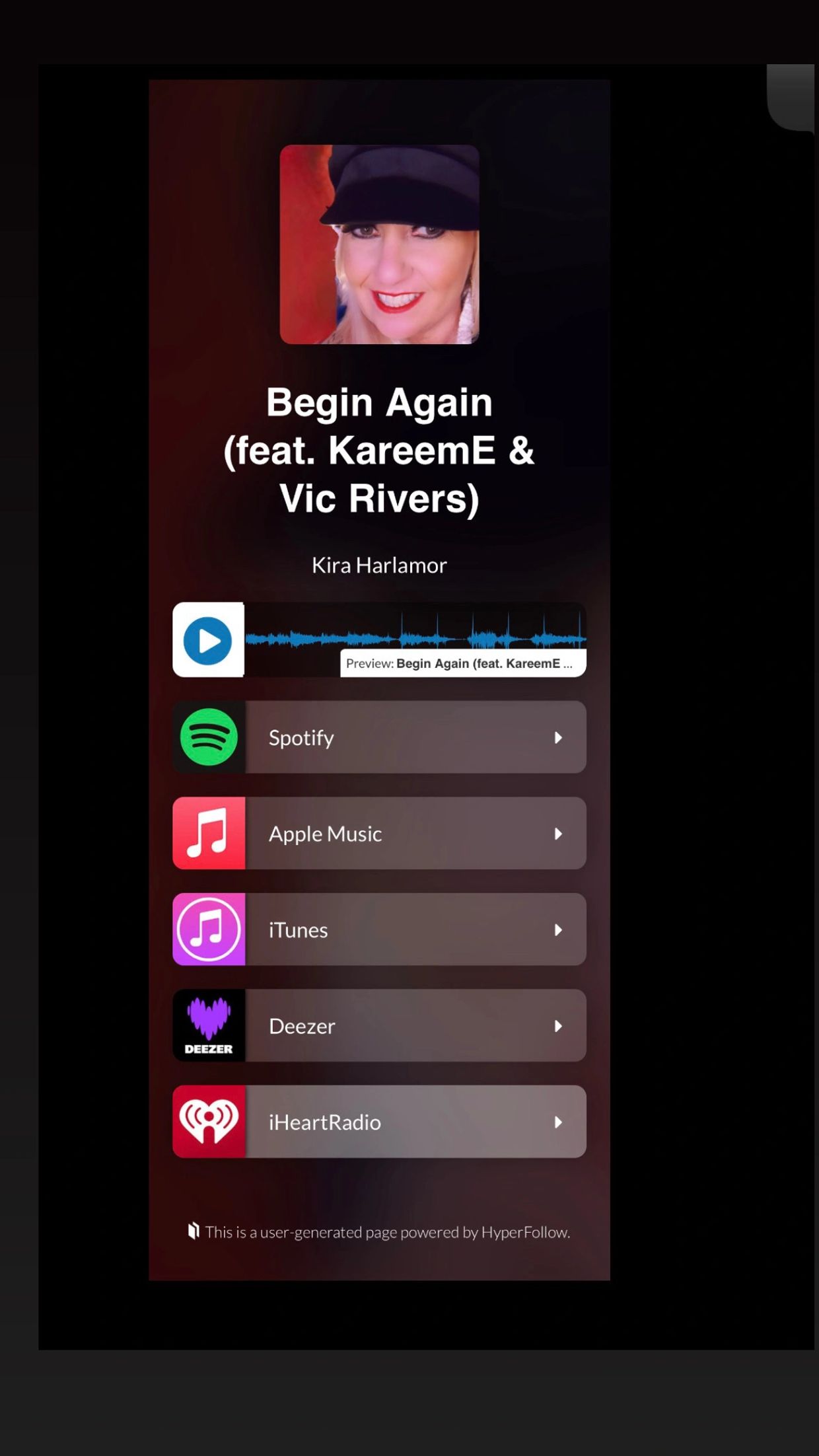 Music streaming options for "Begin Again" by Kira Harlamor featuring KareemE &amp; Vic Rivers.