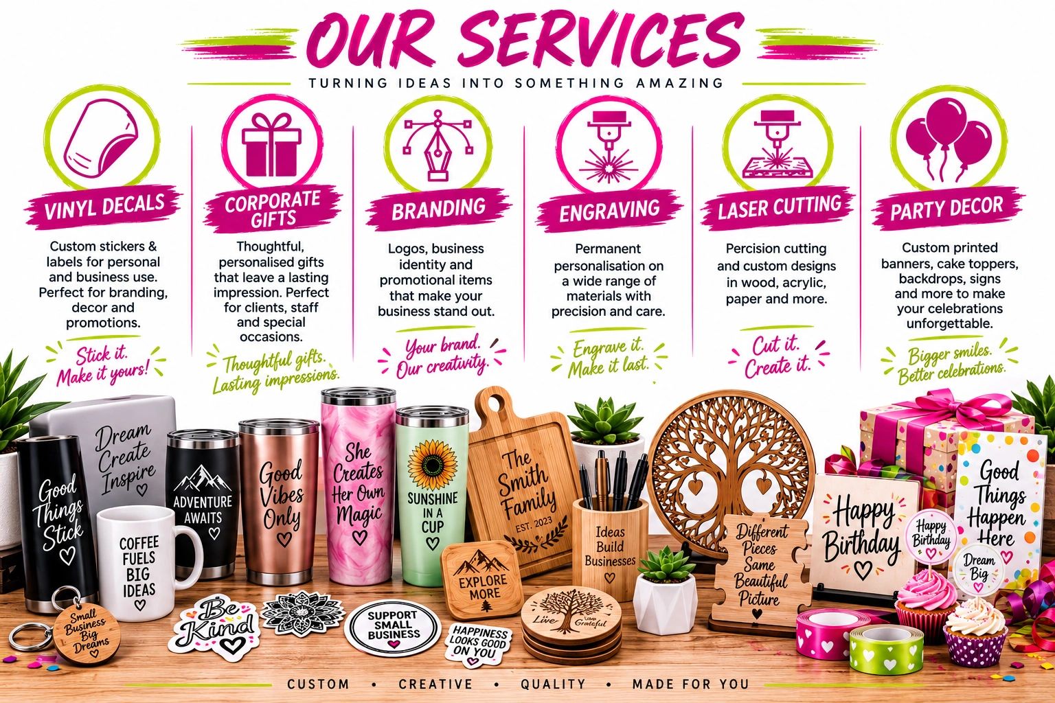 List of custom creative services including vinyl decals, gifts, branding, engraving, laser cutting, and party decor.