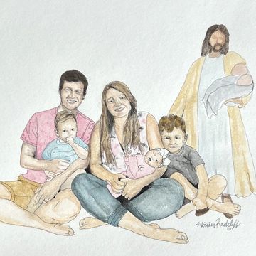 Watercolor painting of a happy family with Jesus holding a baby in the background.