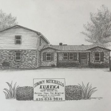 Pencil drawing of a house with a business sign in front.