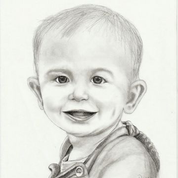 Pencil sketch of a smiling baby with detailed facial features.