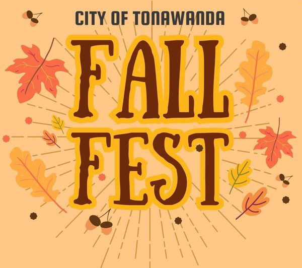 Sign for Tonawanda Fall Fest with autumn leaves.