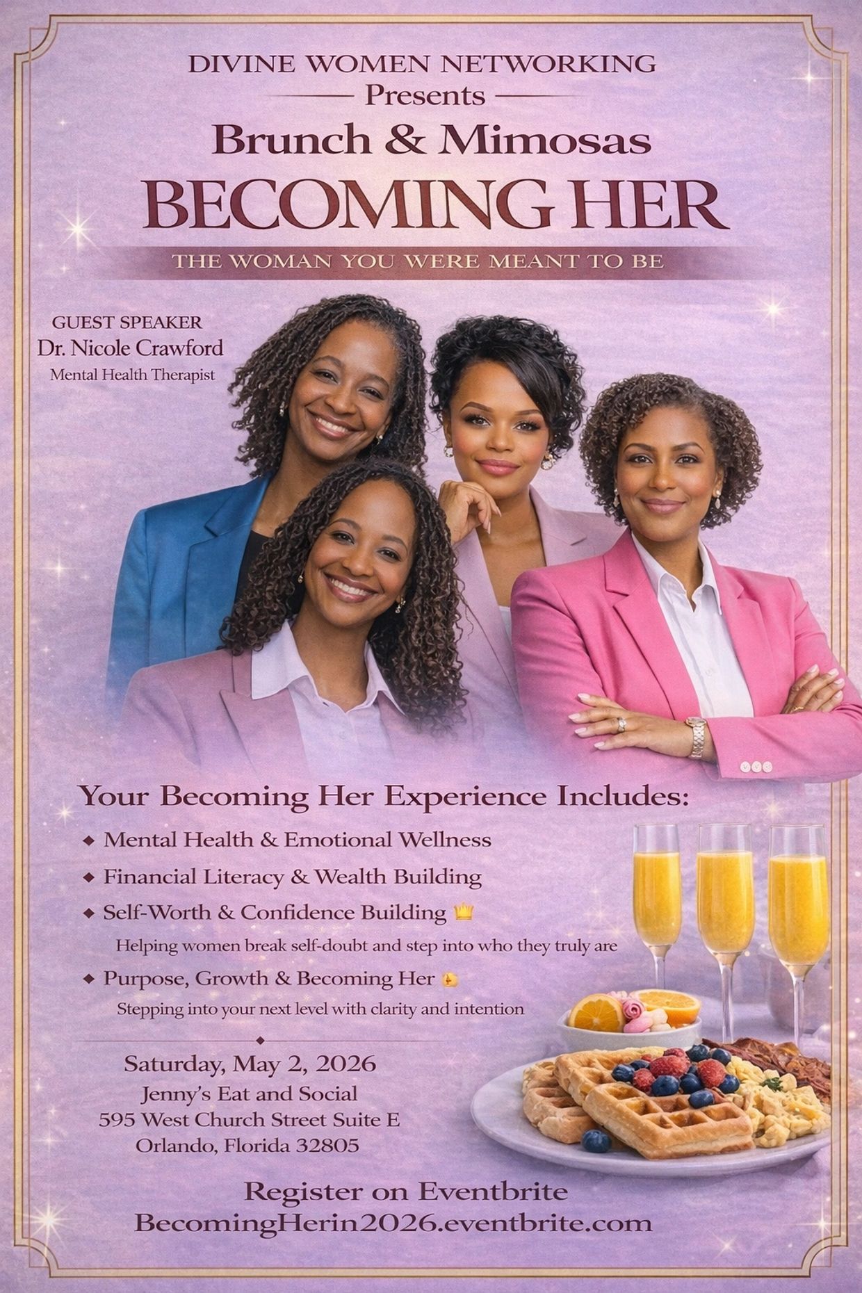Brunch &amp; Mimosas event for women with Dr. Nicole Crawford as guest speaker.