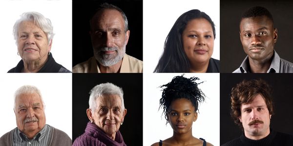Collage of eight diverse individual portraits with varied expressions.