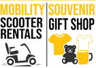 Sign for scooter rentals and souvenir gift shop with icons of a scooter, t-shirts, teddy bear, and mug.