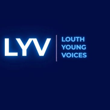 Logo for Louth Young Voices in blue and white.
