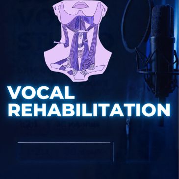Microphone and vocal rehabilitation text with throat anatomy illustration.